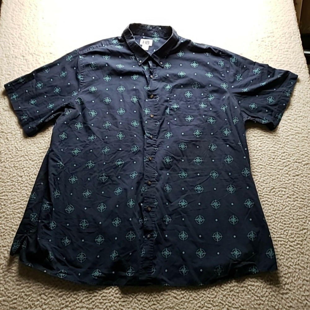 HB Shirt Mens 4XLT Blue Nautical Compass Print Short Sleeve Button-Up Casual